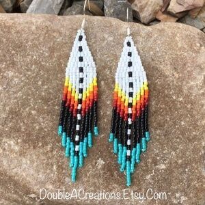White with Native Colors Beaded Earrings with Fringe, New, Handmade by Me